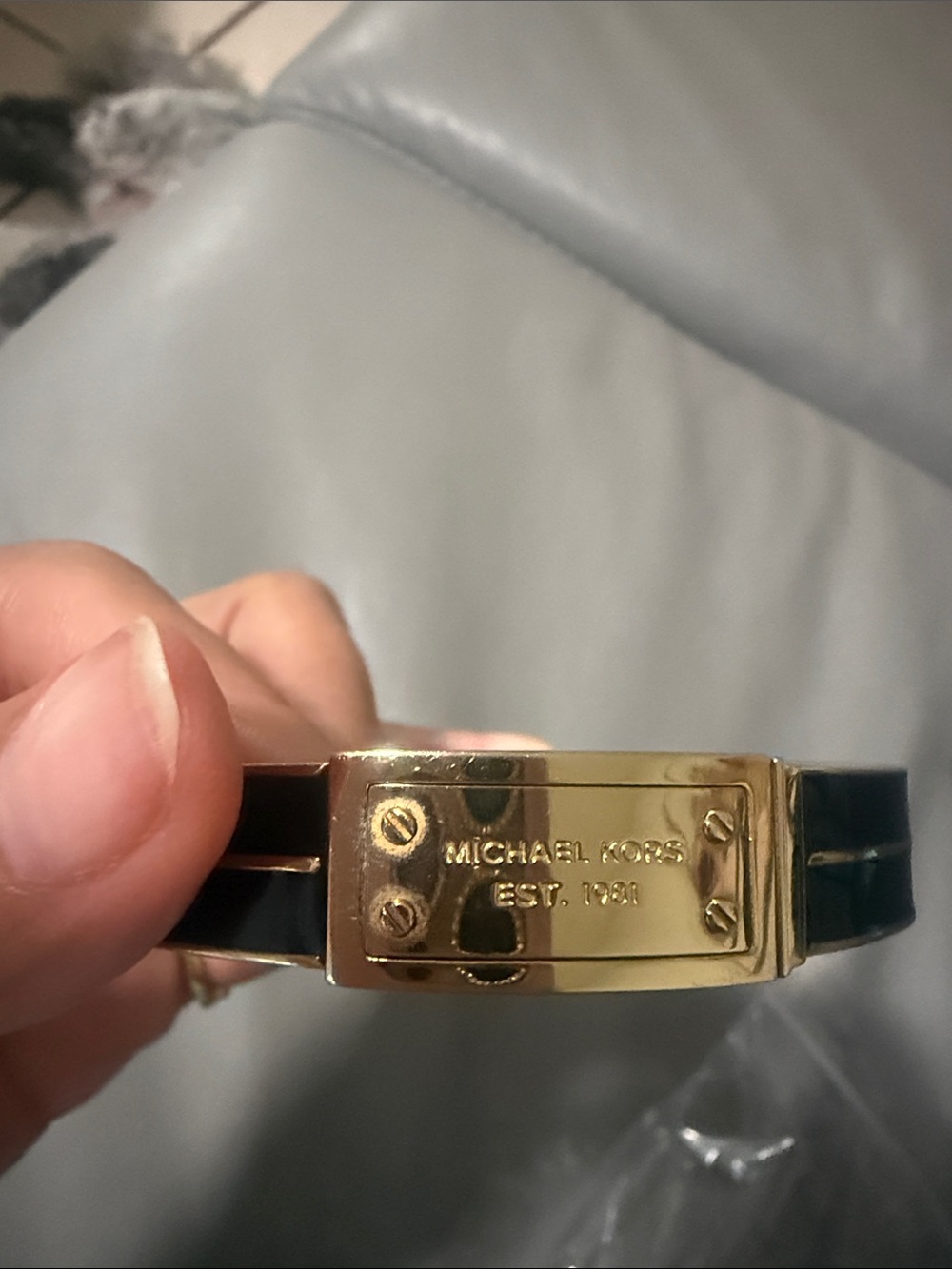 Michael Kors Gold-Tone Plaque Bracelet with Black Band